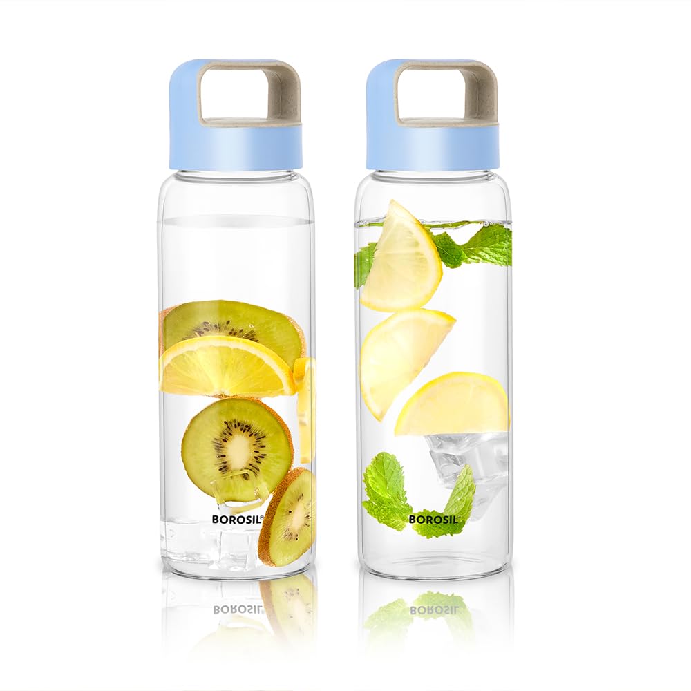 Borosil 750Ml Crysto Water Bottle Set | Borosilicate Glass Wide Mouth Bottle For Fridge | Extreme Temperature Resistant For Hot 