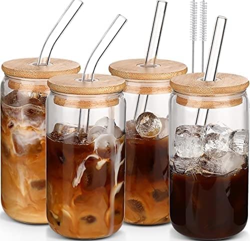 DWTS DANWEITESI Glass Cups with Lids and Straws 4pcs 16oz Iced Coffee Cups with Lids-Drinking Glasses Set Cute Tumbler Cup as Coffee Bar Accessories Gifts