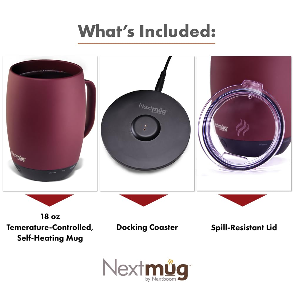 Nextmug Plus Temperature-Controlled Self-Heating Coffee Mug, 18 oz, Burgundy, Ceramic Matte Finish, Model MMP-1122