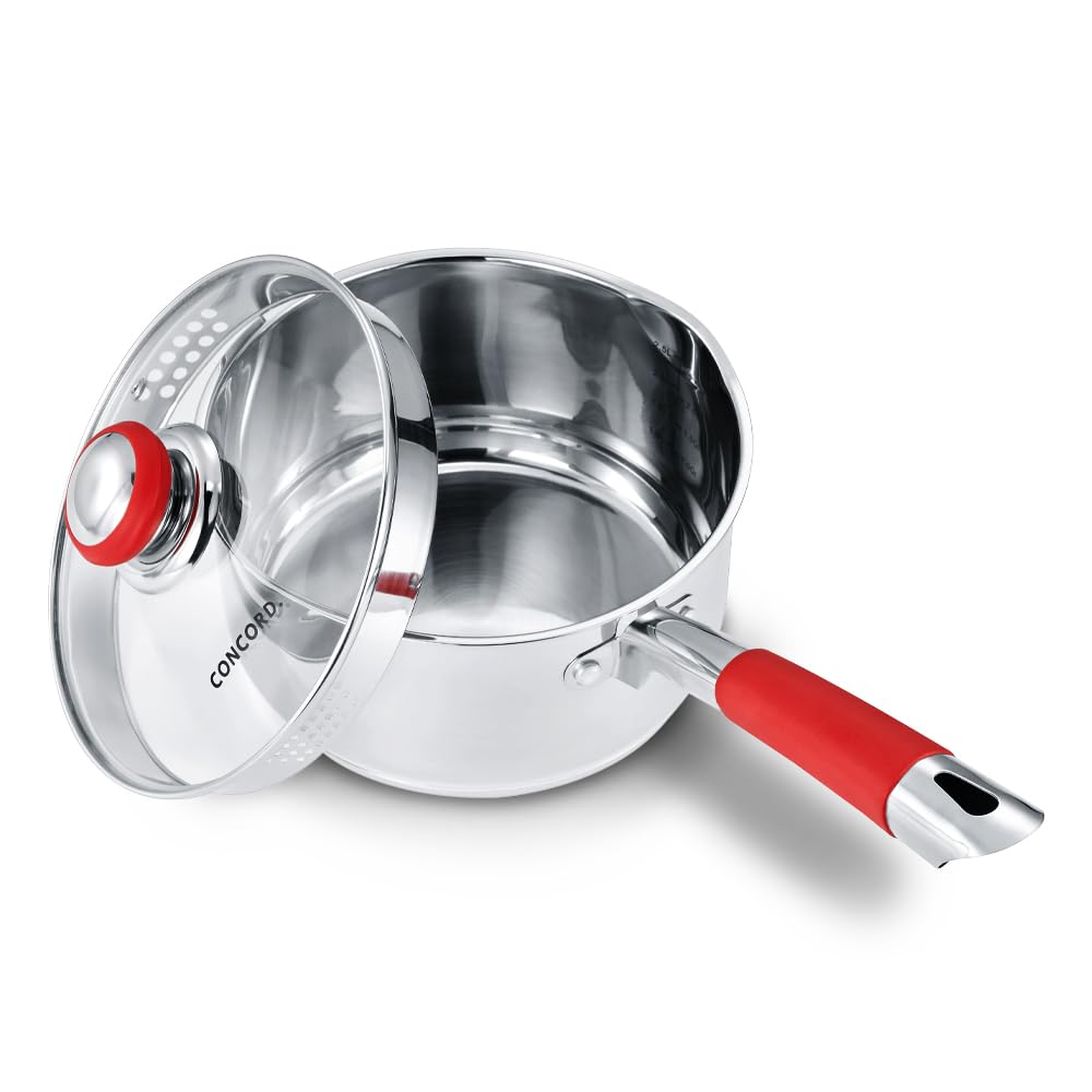 Concord 3 Quart Stainless Steel Saucepan with SIMPLE POUR Vented Glass Lid. Features Dual Pouring Spouts and Volume Marking. Per