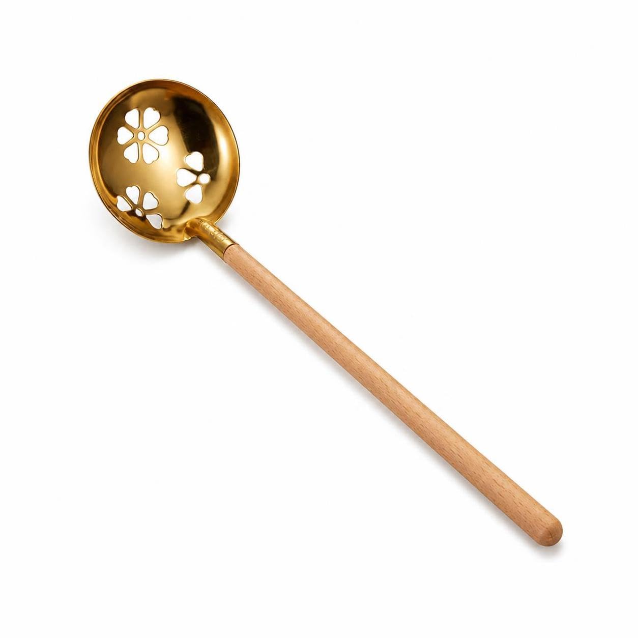 Hot Pot Ladle, Stainless Steel and Wood, Gold Slotted Spoon