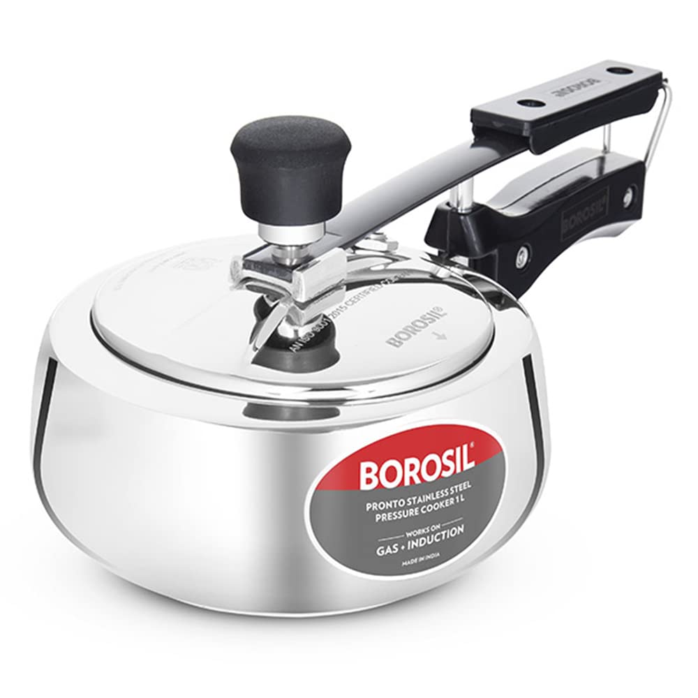 Borosil 1L Pronto Stainless Steel Pressure Cooker With Inner Lid | Gas & Induction Compatible | 6.8 Mm Heavy Encapsulated Base |