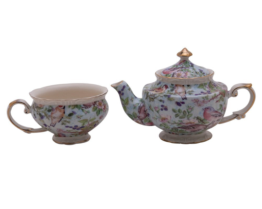 Gracie China By Coastline Imports 5-1/4-Inch Tea For One Set, Blue Birds Chintz With Gold Trim