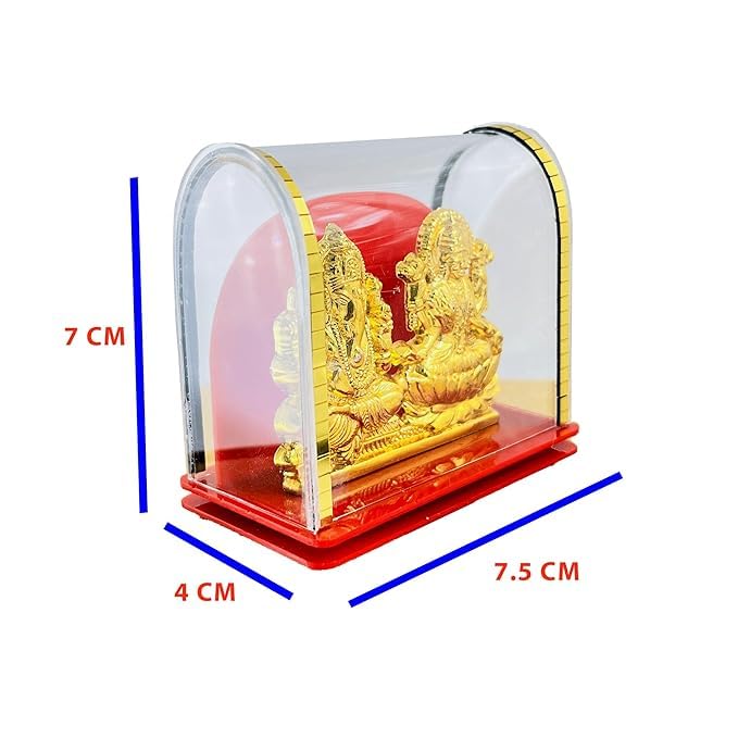 Awesome Craft Goddess Laxmi Ganesh Idol | Status | Murti Gold Polish Acrylic Idol In Glass Box For Home Temple, Office, Car Dash