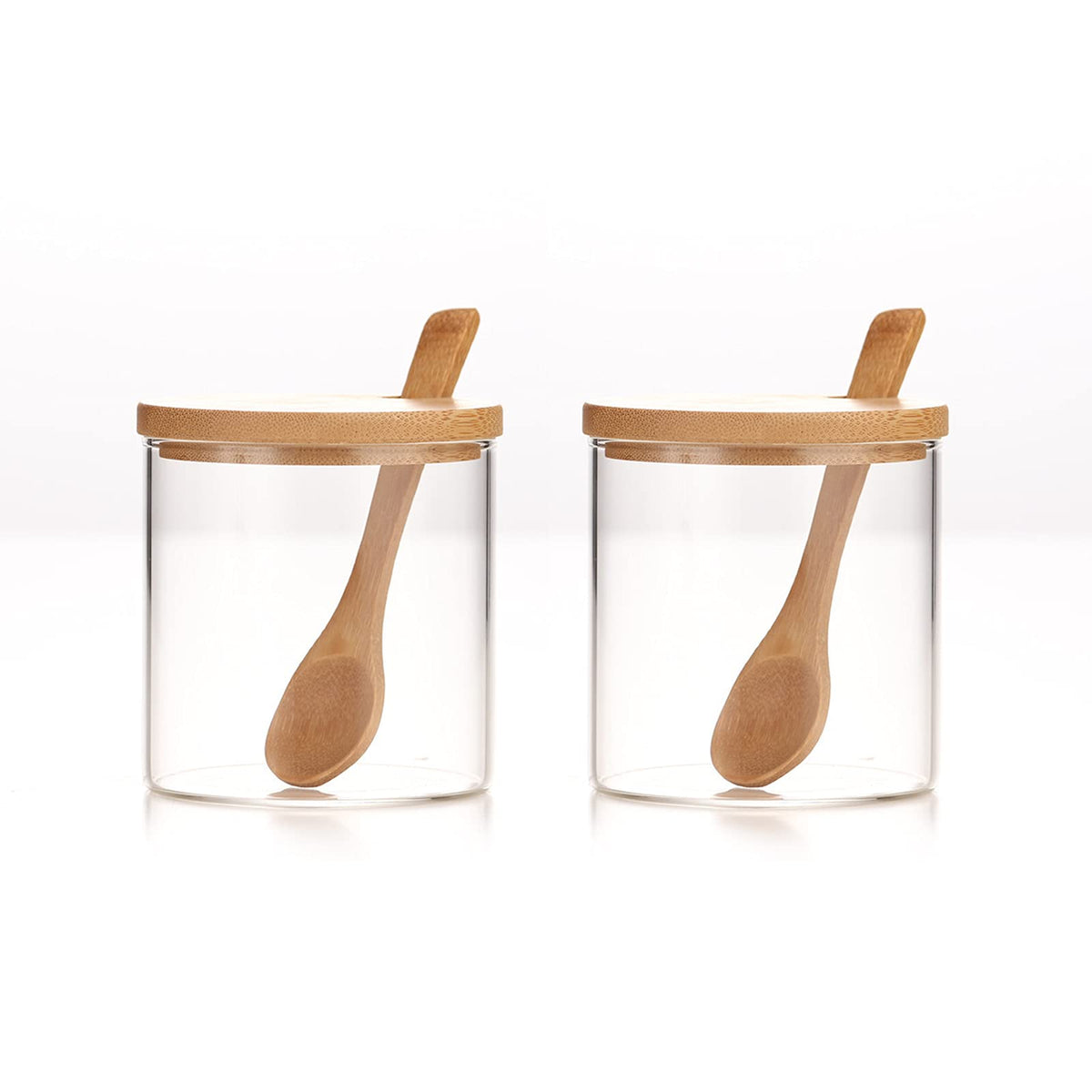 2 Sets 300Ml/10Oz Clear Glass Jar With Bamboo Lid And Wooden Spoon, Cute Sugar Bowl Bath Salt Storage Canister Seasoning Contain