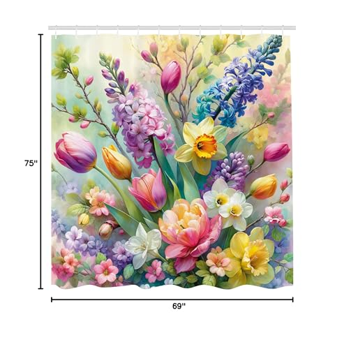 Ambesonne Spring Shower Curtain, Colorful Dreamy Scenario Of Blooming Roses Lavender And Peony With Leaves, Cloth Fabric Bathroo