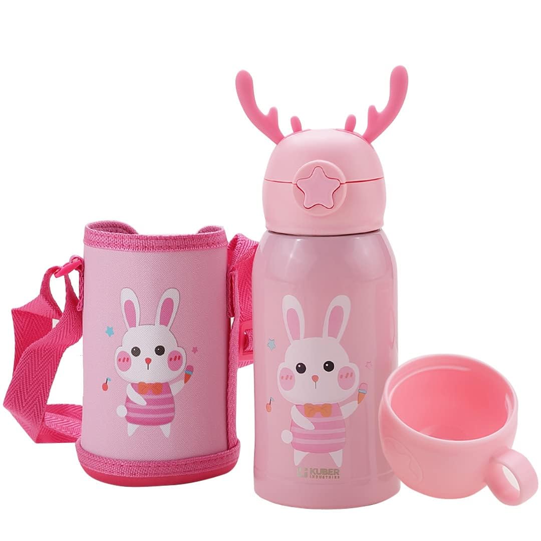 Kuber Industries Sipper Water Bottle For Kids, Vacuum Insulated Stainless Steel Flask With Straw, Cup & Holder Bag, Double Walle
