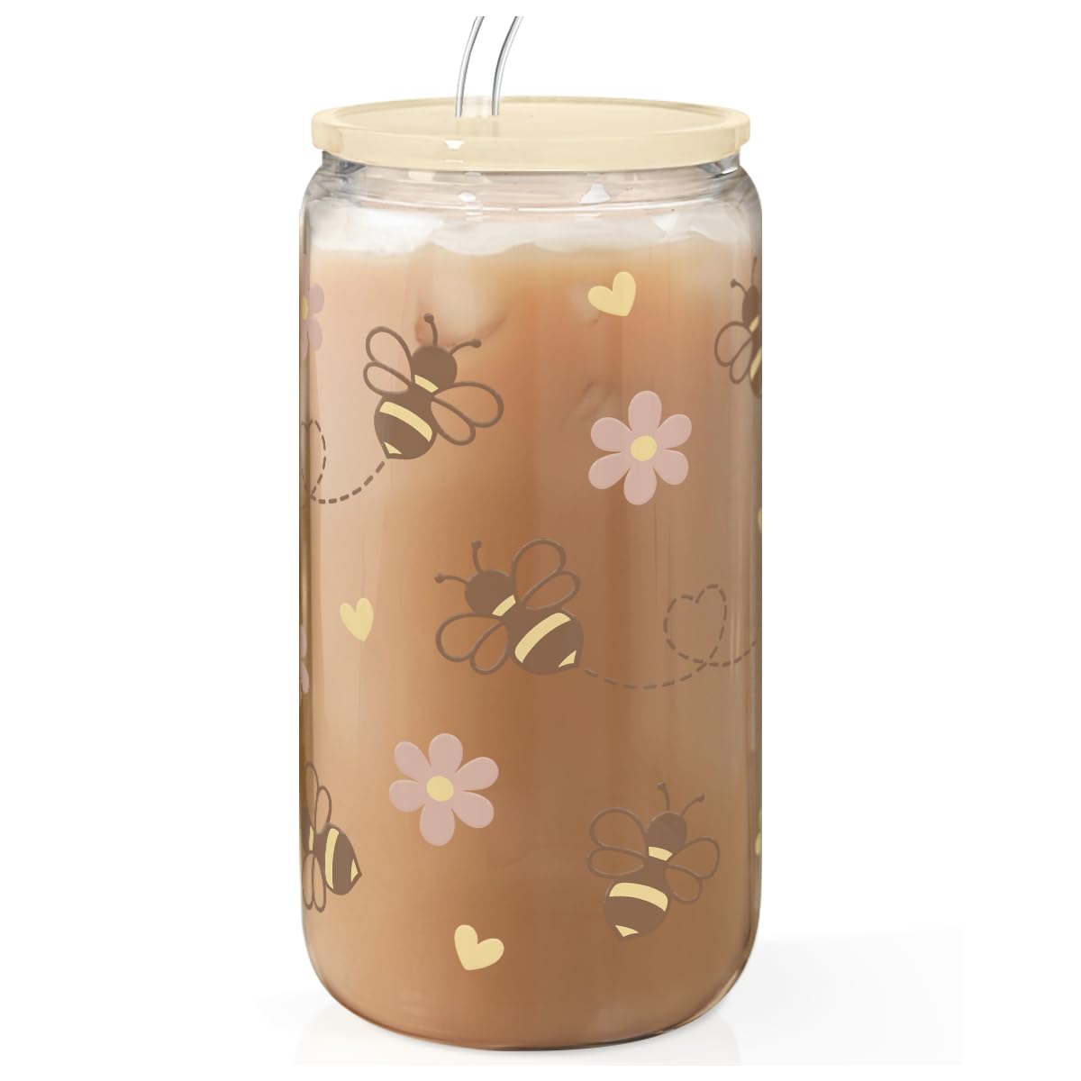 Bee 16oz Can Glass Tumbler with Acrylic Lid & Straw - Iced Coffee Cup for Women Girls, Aesthetic Cups Gifts for Birthday Christm