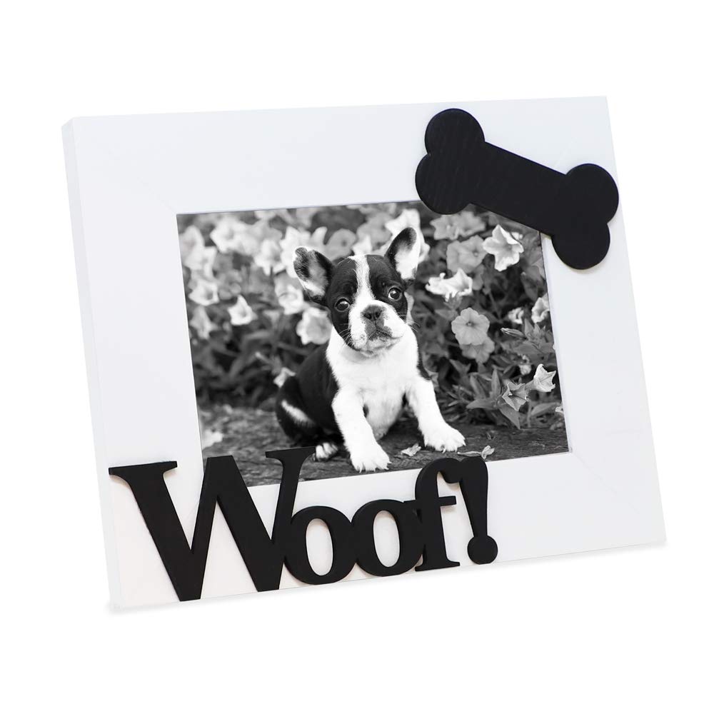 Isaac Jacobs White Wood Sentiments Dog Woof!    Picture Frame, 4x6 inch, Photo Gift for Pet Dog, Puppy, Display on Tabletop, Des