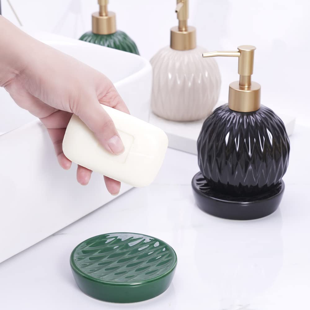 Ceramics Gold Soap Dispenser For Bathroom, Round Soap Dispenser With Delicate Embossed Rhombus Design (Dark Green)