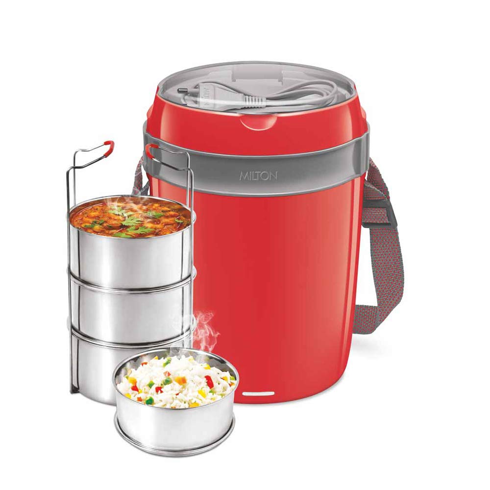 Milton Euroline Futron Stainless Steel Electric Lunch Box, 4 Containers, Red