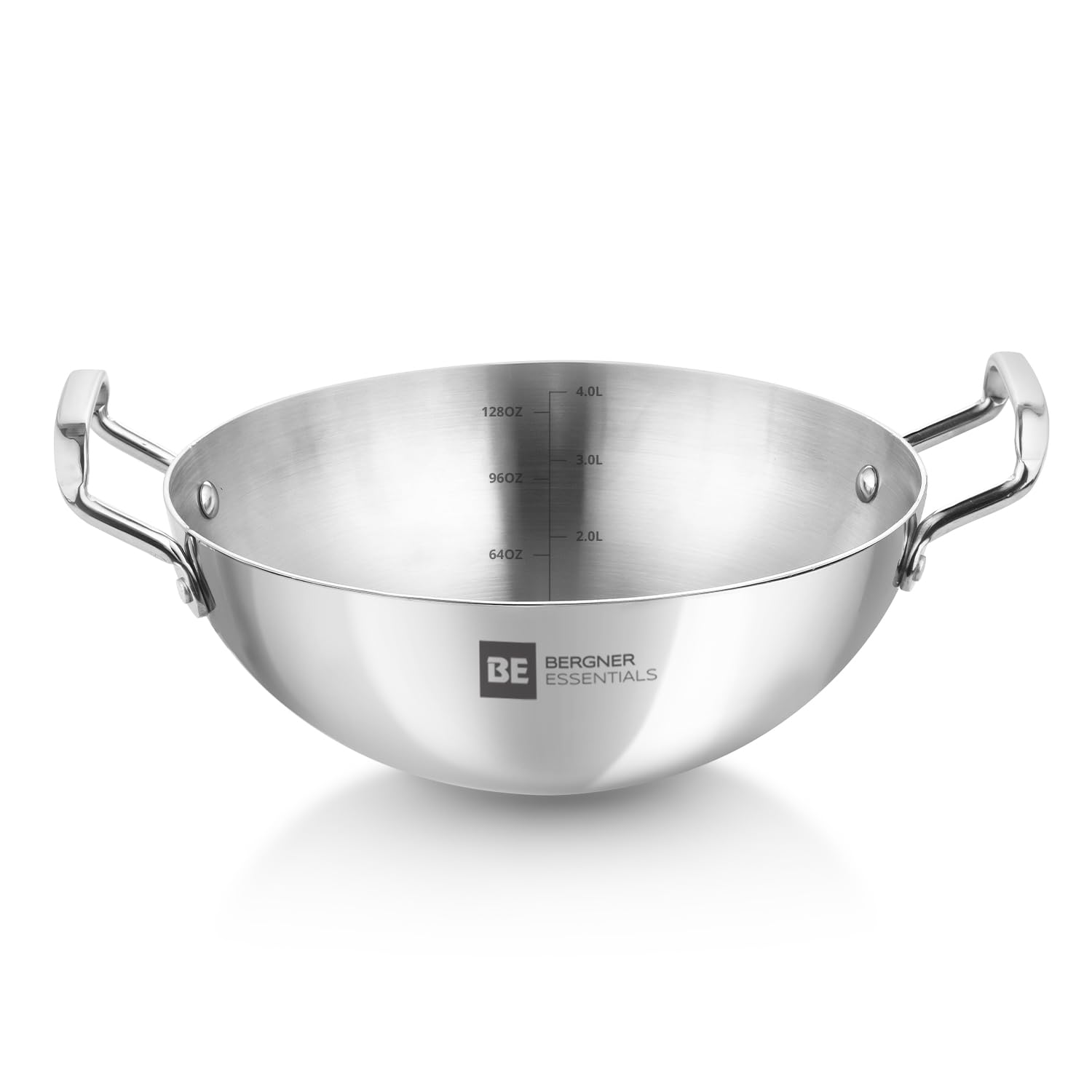 Bergner Be Essentials Triply Stainless Steel 28 Cm Extra Deep Kadai/Indian Wok, 4 L Kadhai, Even Heat Distribution, Consumes Les