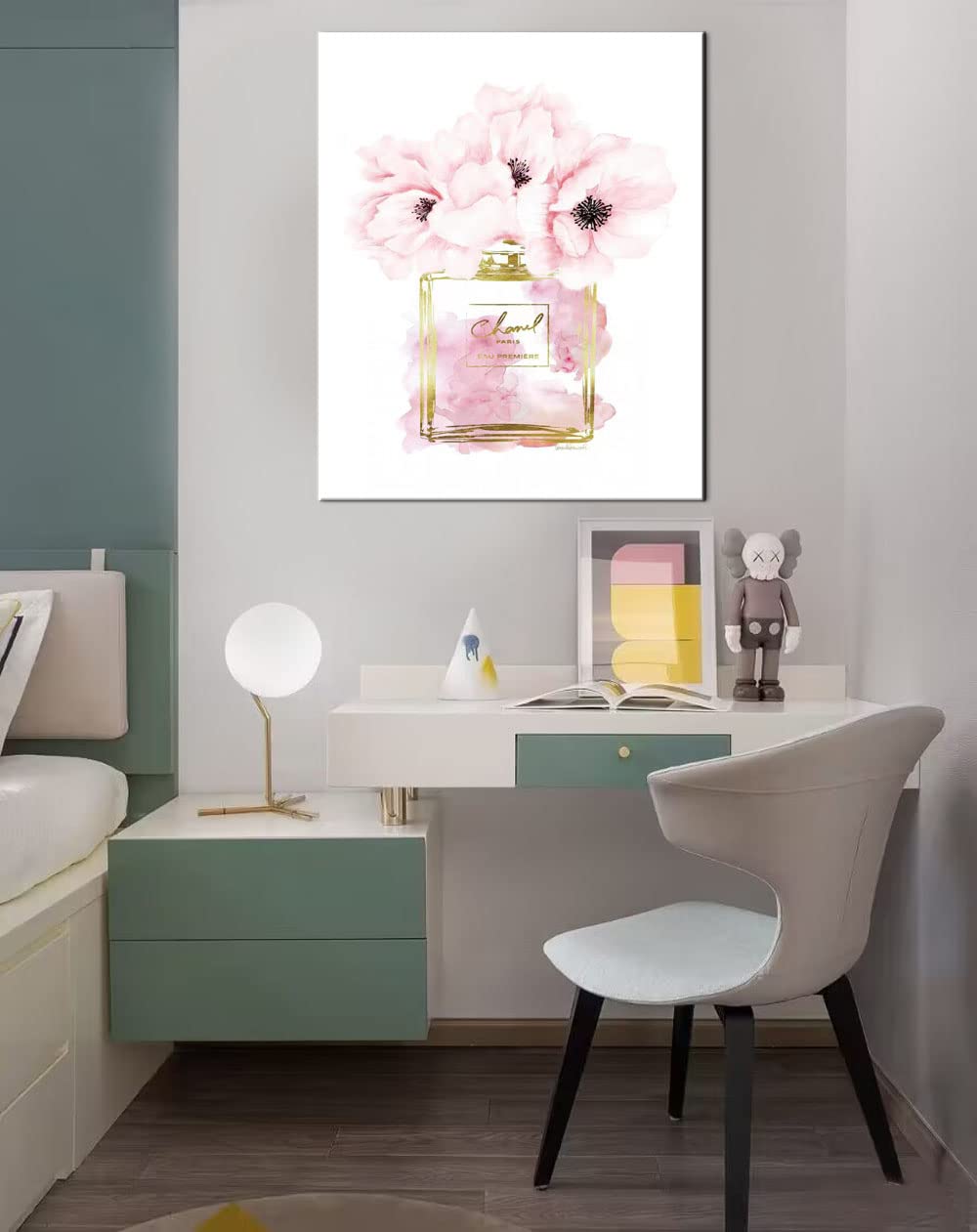 Canvas Wall Art Glam Perfume Chanel Pictures Wall Decor Pink Flowers And Gold Canvas Wall Art Girl Home Decor For Bedroom Wall B