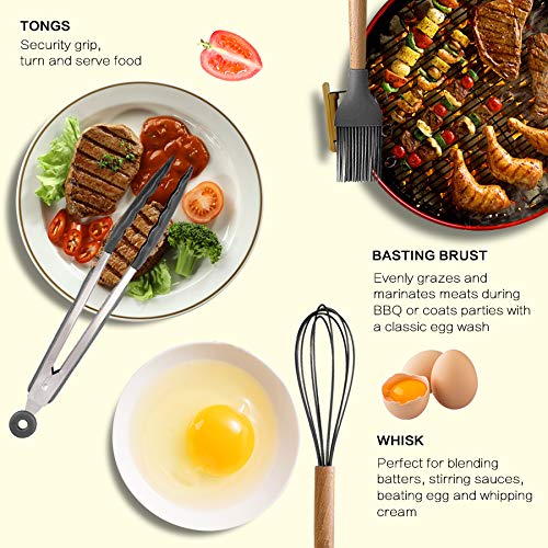 Mibote 17 Pcs Silicone Cooking Kitchen Utensils Set With Holder, Wooden Handles Silicone Turner Tongs Spatula Spoon Kitchen Gadg