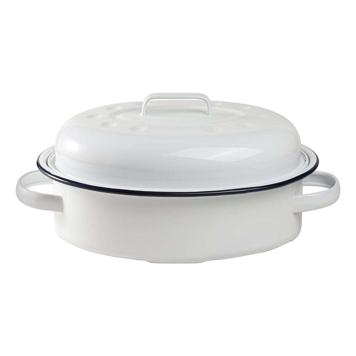 Webake Enameled Roasting Pan With Lid, Covered Roaster Pan Oval Pot Enamelware Cookware, 15.5 Inch, Vintage Farmhouse White