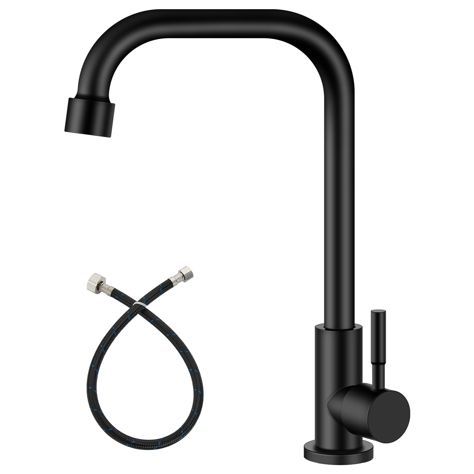 Heyalan Matte Black Faucet Cold Water OnlySingle Lever Handle SUS304 Sink Bar Tap 360 Degree Swivel Spout Decked Mounted Longer Thread Pipe