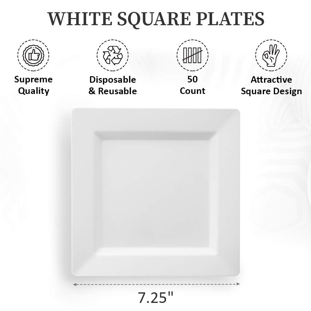 Oasis Creations White Square Plates Set 7.25'' - 50 count - Premium Hard White Disposable Plastic - Disposable and Reusable - Salad Plate - Appetizer Plate - Dessert Plate - Party Plate Set