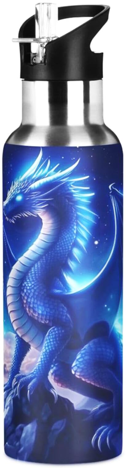 Blue Dragon Galaxy Glowing Water Bottle Women Men Insulated Stainless Steel Water Bottles with Straw Lid Leakproof Water Flask f