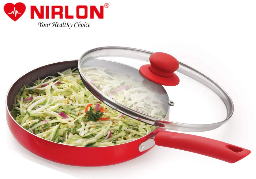 Nirlon Red Stone Aluminium Non-Stick Induction Base Fry Pan With Glass Lid
