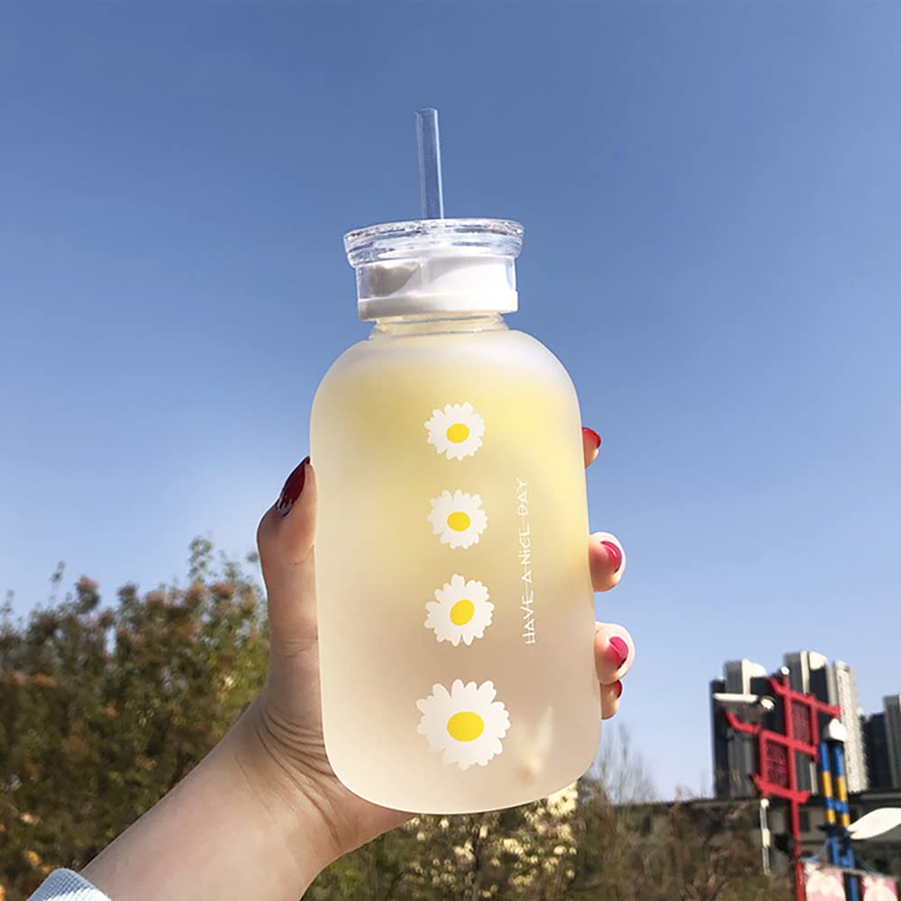 JZSMY 480ml Milk Juice Cute Water Bottle with Scale 2 Lids Little daisy Matte Portable Water Cup Grass Bottles Creative Handy Cu