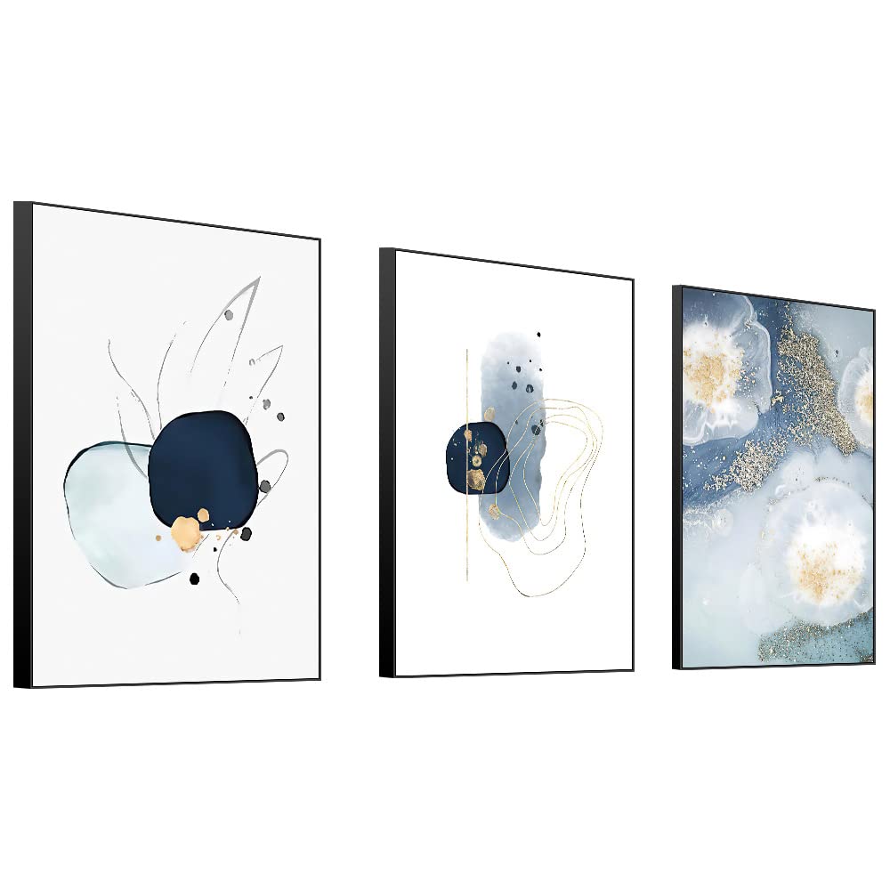 3 Framed Abstract Canvas Wall Art, Artwork In Blue, White And Grey, Simple And Elegant For Living Room Bedroom Office Decor