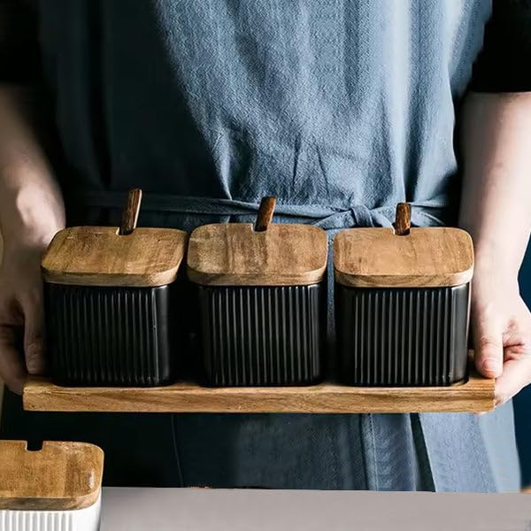 Enhabit Ceramic Trio Condiment Set | Spice Container With Wooden Lids And Spoons | Condiment Spice Jars For Seasoning Box | Suga
