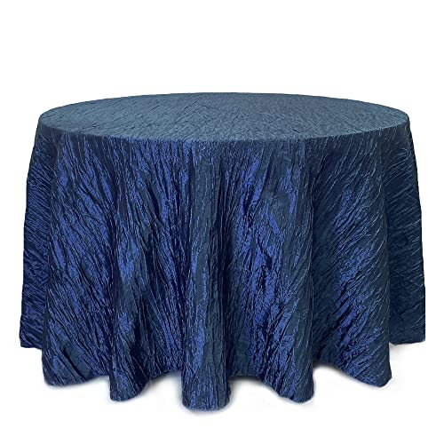 Your Chair Covers - 132 Inch Round Crinkle Taffeta Tablecloth - Navy Blue, Crushed Shiny Dining Table Cloth For Wedding Party Bi
