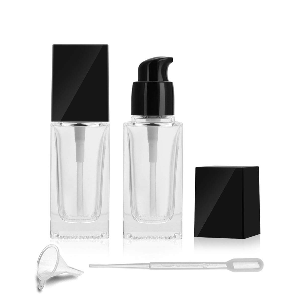 2 Pack 30Ml/1 Oz Clear Glass Foundation Bottle,Empty Refillable Square Lotion Bottle With Press Pump For Lotion Liquid Body Crea
