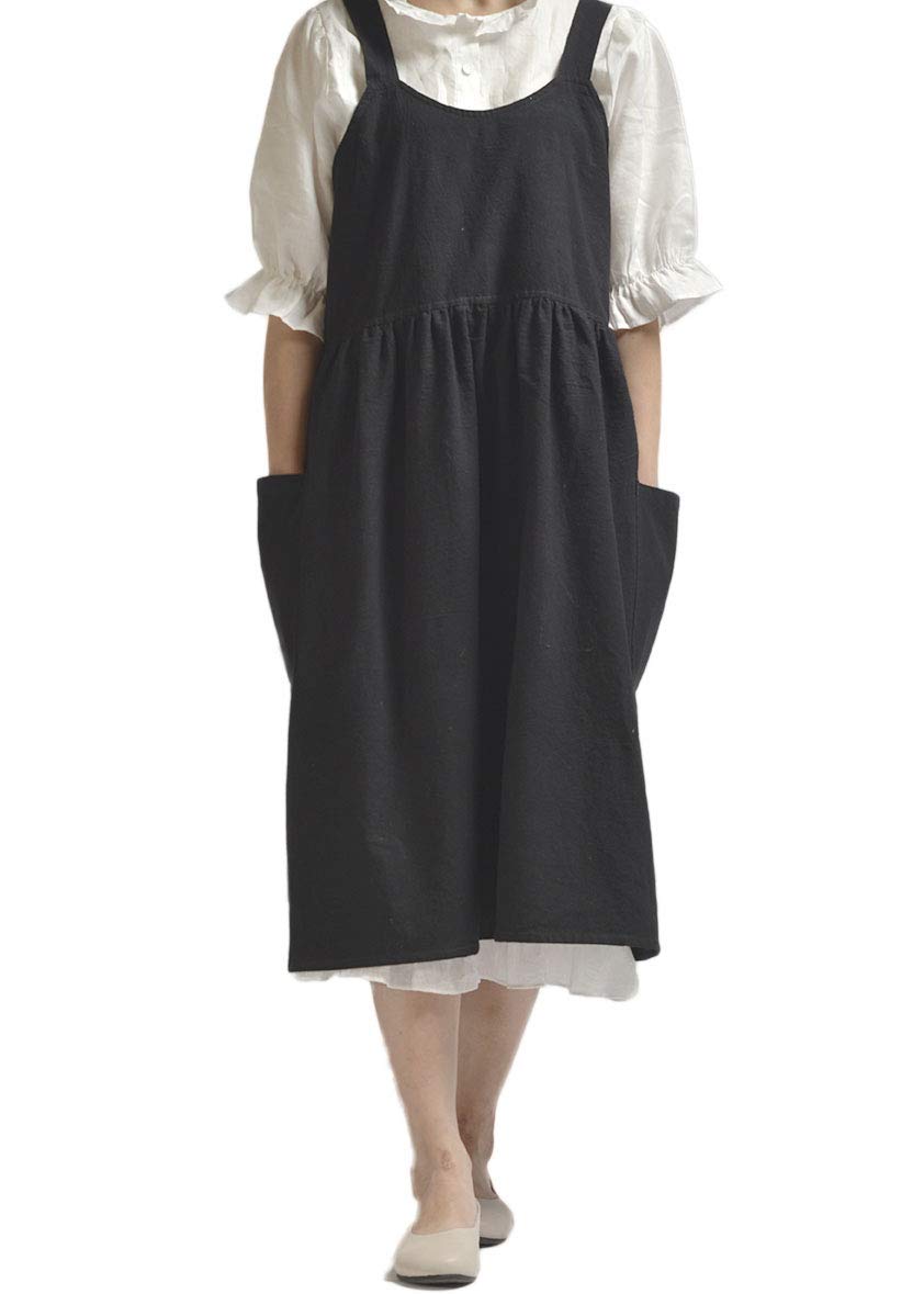 Women Girls Vintage Cute Apron Gardening Works Cross Back Cotton/Linen Blend Aprons Pinafore Dress With Two Pockets (Black)