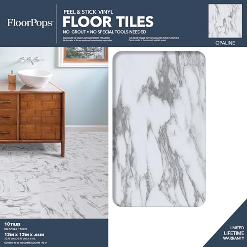 FloorPops FP3329 Opaline Peel Stick Floor Tiles  White & Off-White