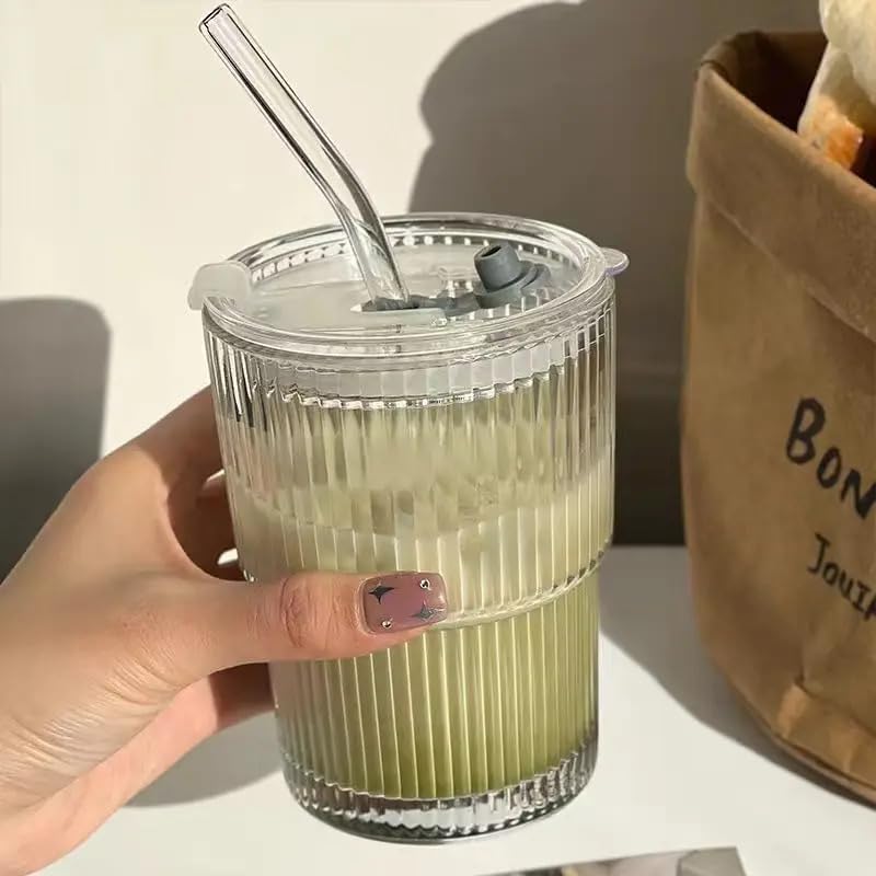Hejisun Glass Water Tumbler With Lid And Straw 400Ml Glass Reusable Coffee Sipper Mug Clear Drinking Cup For Juice, Iced Tea Adu