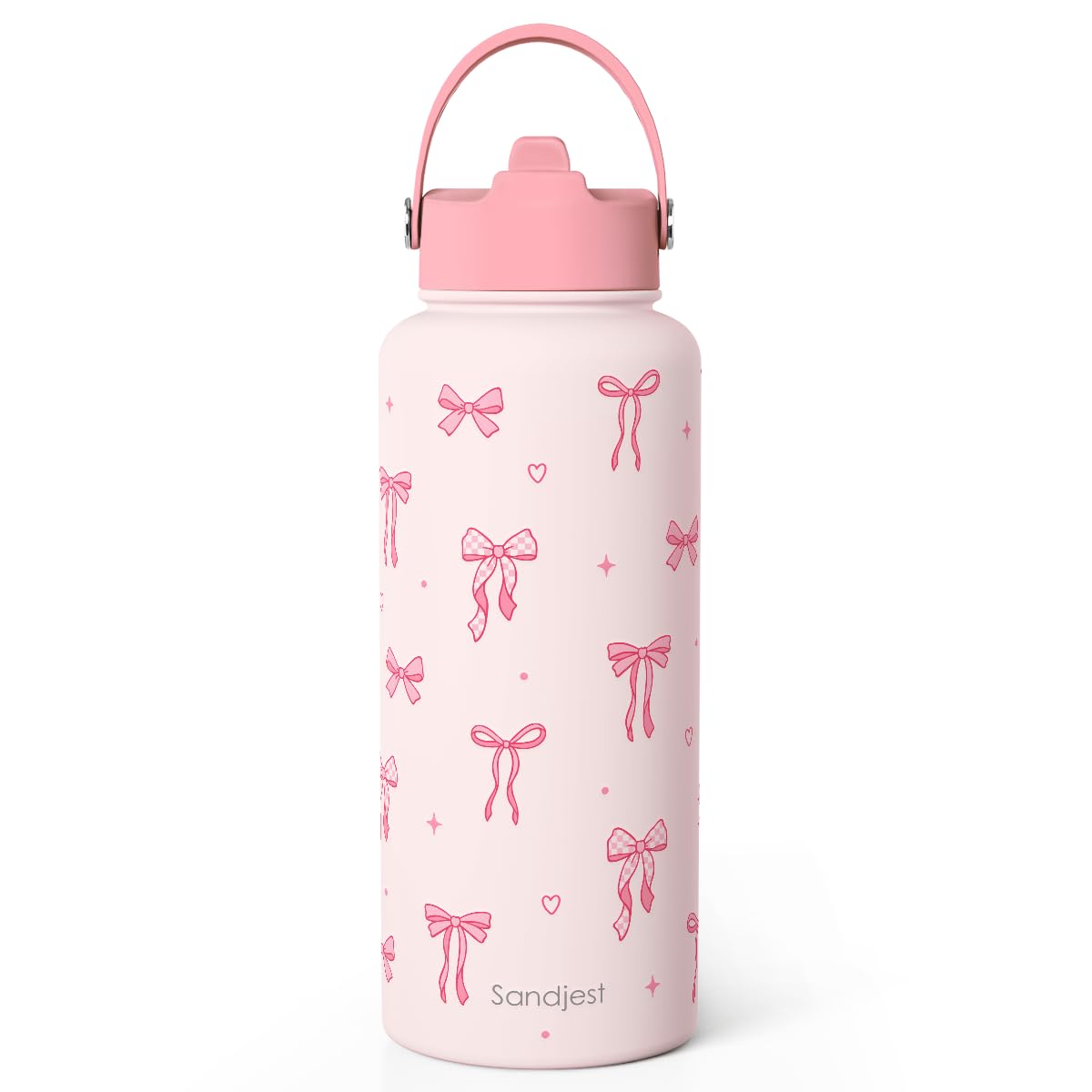 SANDJEST Coquette Bow Gift for Women, Water Bottle Stainless Steel 32oz with Lid & Straw, Pink Bows Aesthetic Insulated Bottles 