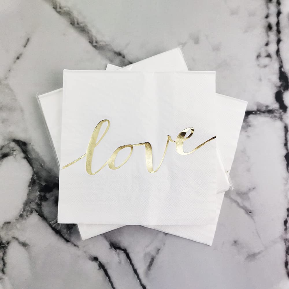 Dulousia White Luncheon Paper Napkins Stamped With Sparkle Gold Love - Folded 6.5 X 6.5Inch For Wedding, Bridal/Baby Shower, Din