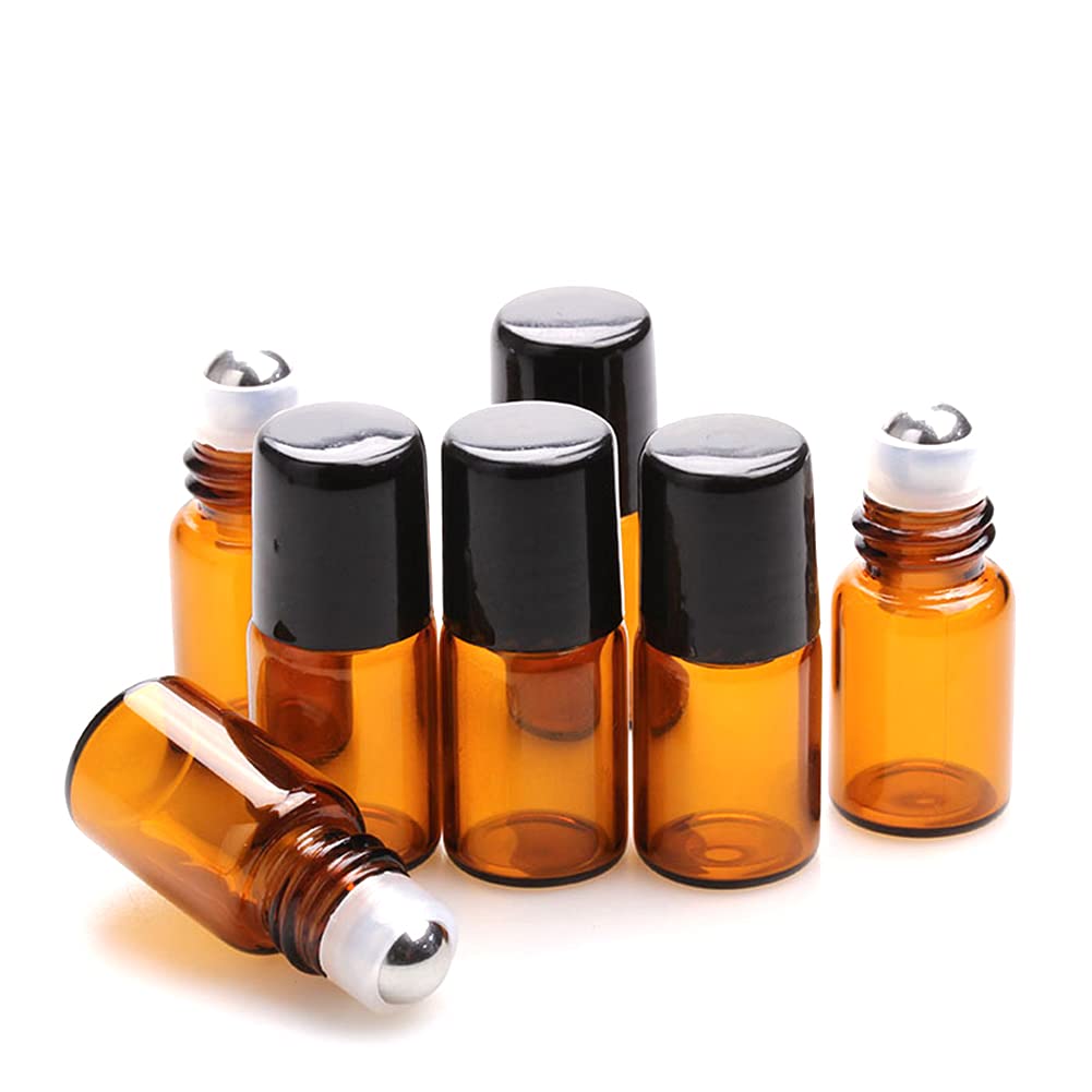 Furnido 25 Pack 2Ml Amber Glass Roll On Bottle For Essential Oils,Perfume Vial With Stainless Steel Roller Ball,Black Caps Mini