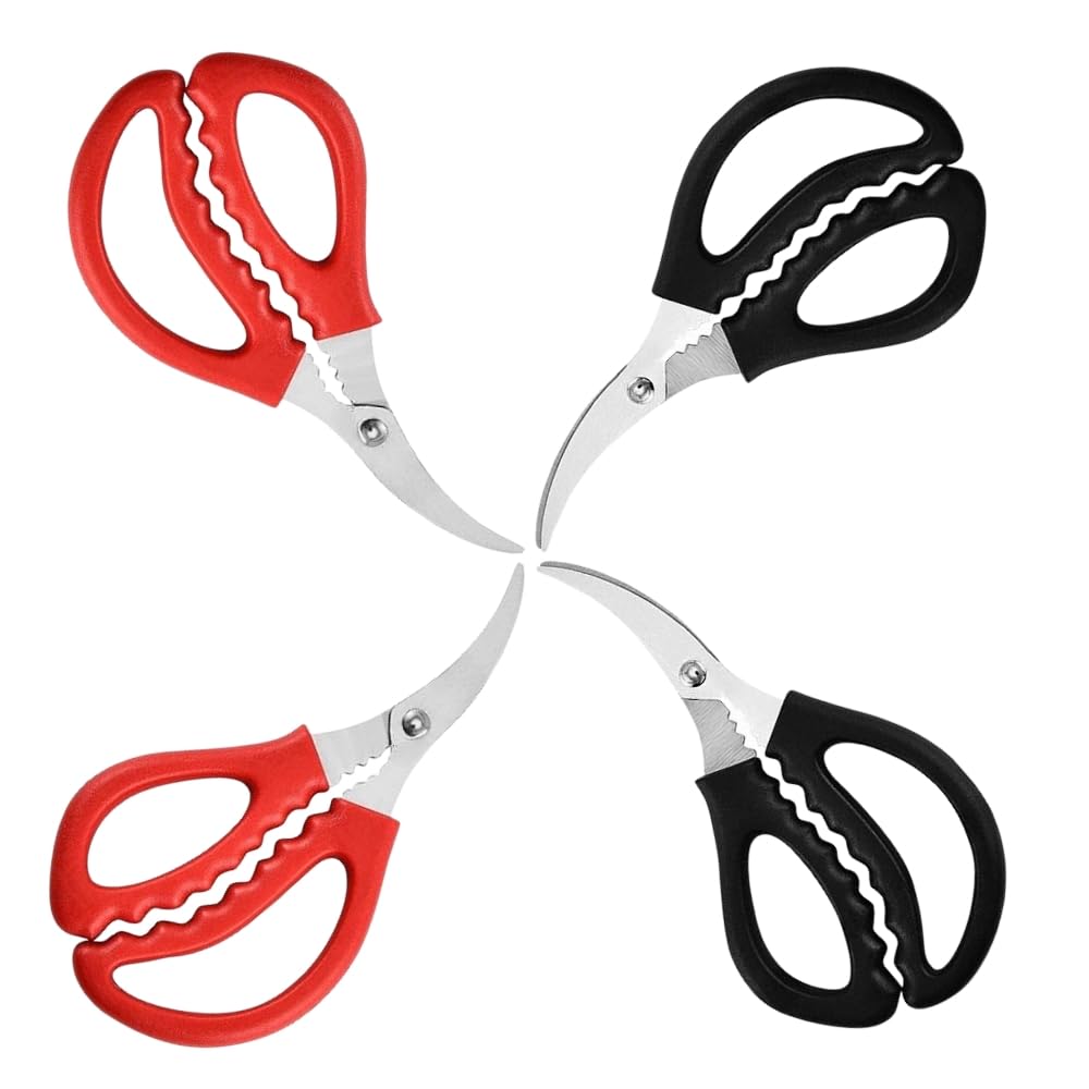 4 Pcs Seafood Scissors For Kitchen Multifunctional Seafood Fish Crab Shrimp Lobster Scissors Stainless Steel Shears,Red And Blac