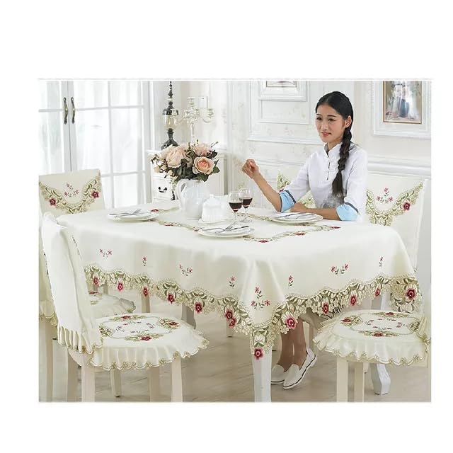 MONKDECOR (O.F Satin Embroidery Cut Work 6 Seater Table Cover (Size 60x90 Inches) Design 2