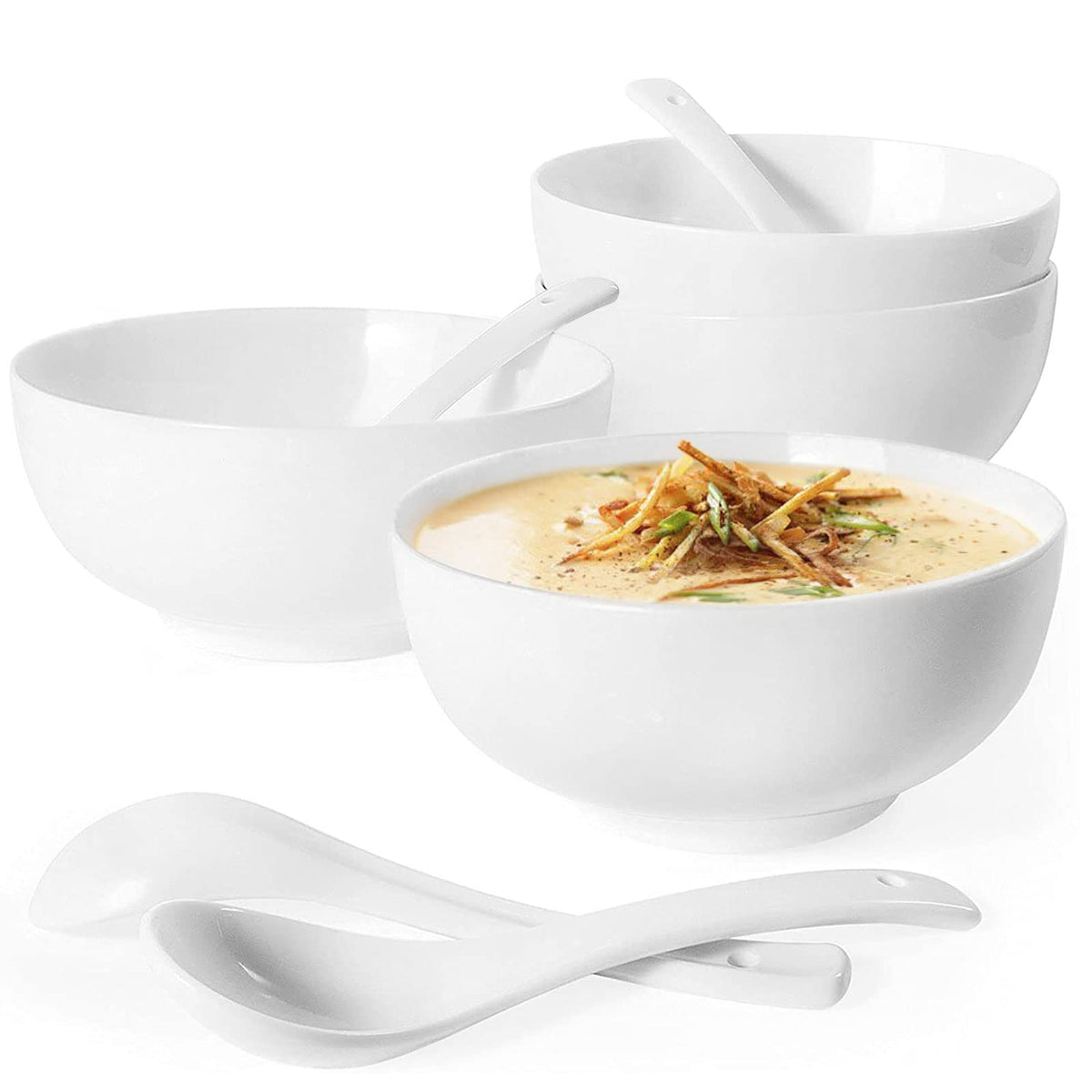 Artena Asian Soup Bowls With Spoons Set Of 4, 26 Oz Pasta, Ramen, Pho Bowls And Soup Spoons Set, Advanced Porcelain Elegant Whit