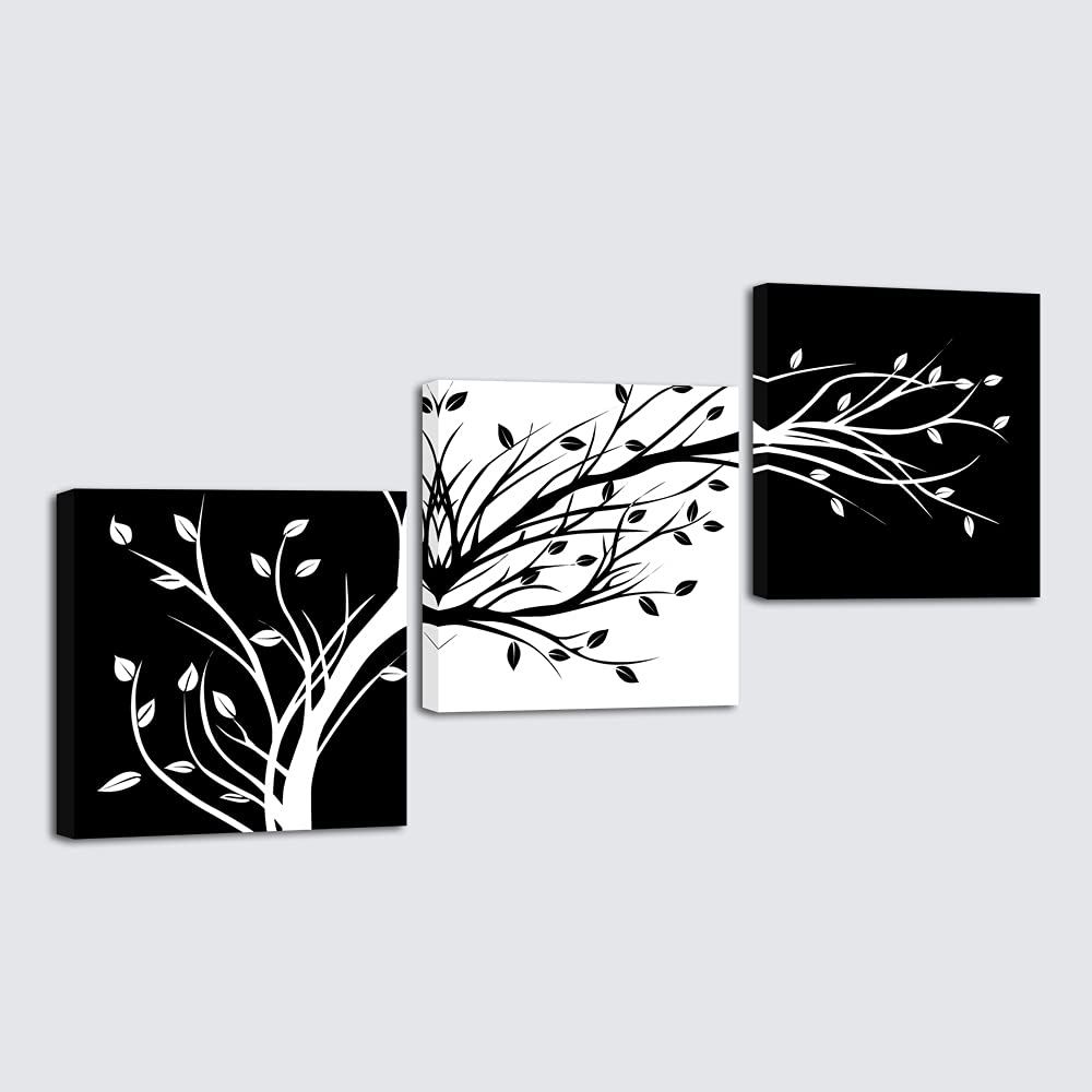 Wieco Art Leaves Modern 3 Panels Flowers Artwork Giclee Canvas Prints Black And White Abstract Floral Trees Pictures Paintings O