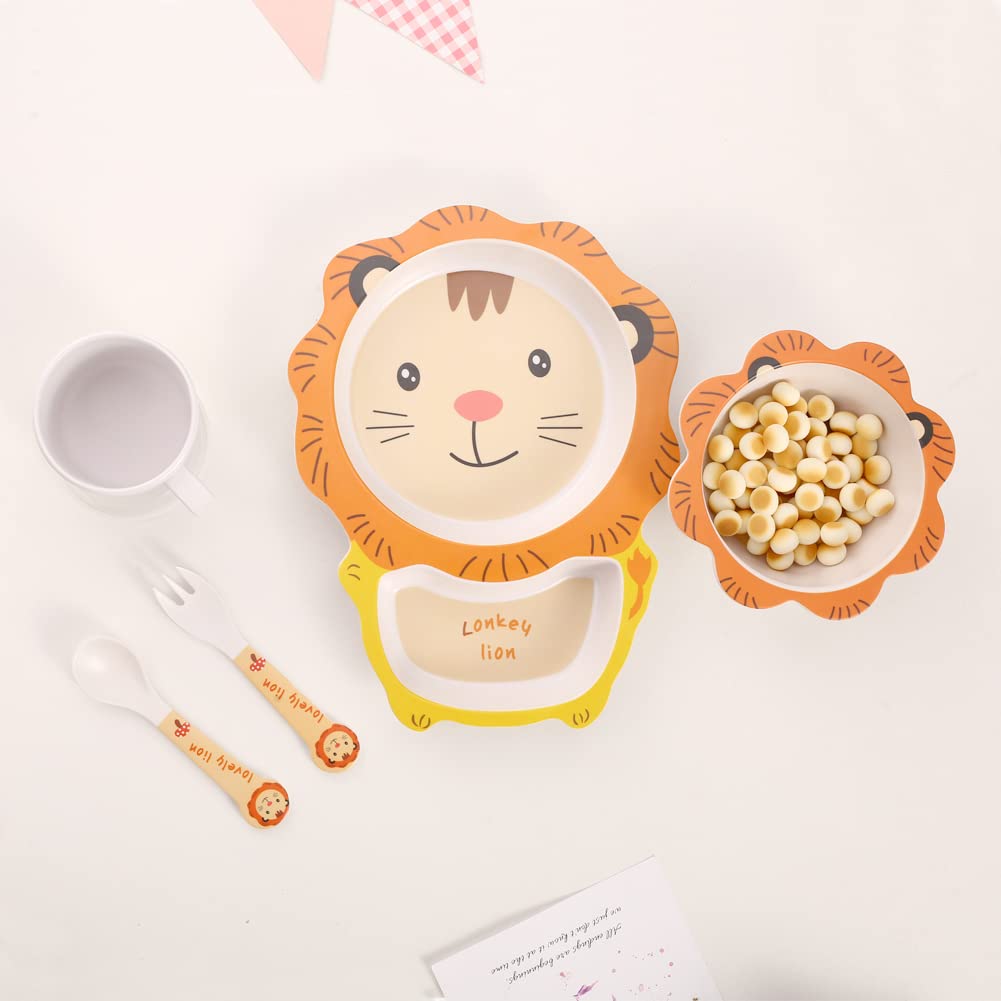 Fekdod Kids Dinnerware Set Bamboo 5 Pcs with Plate Bowl Cup Fork Spoon (Lion)