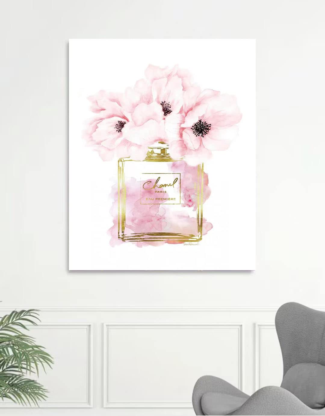 Canvas Wall Art Glam Perfume Chanel Pictures Wall Decor Pink Flowers And Gold Canvas Wall Art Girl Home Decor For Bedroom Wall B