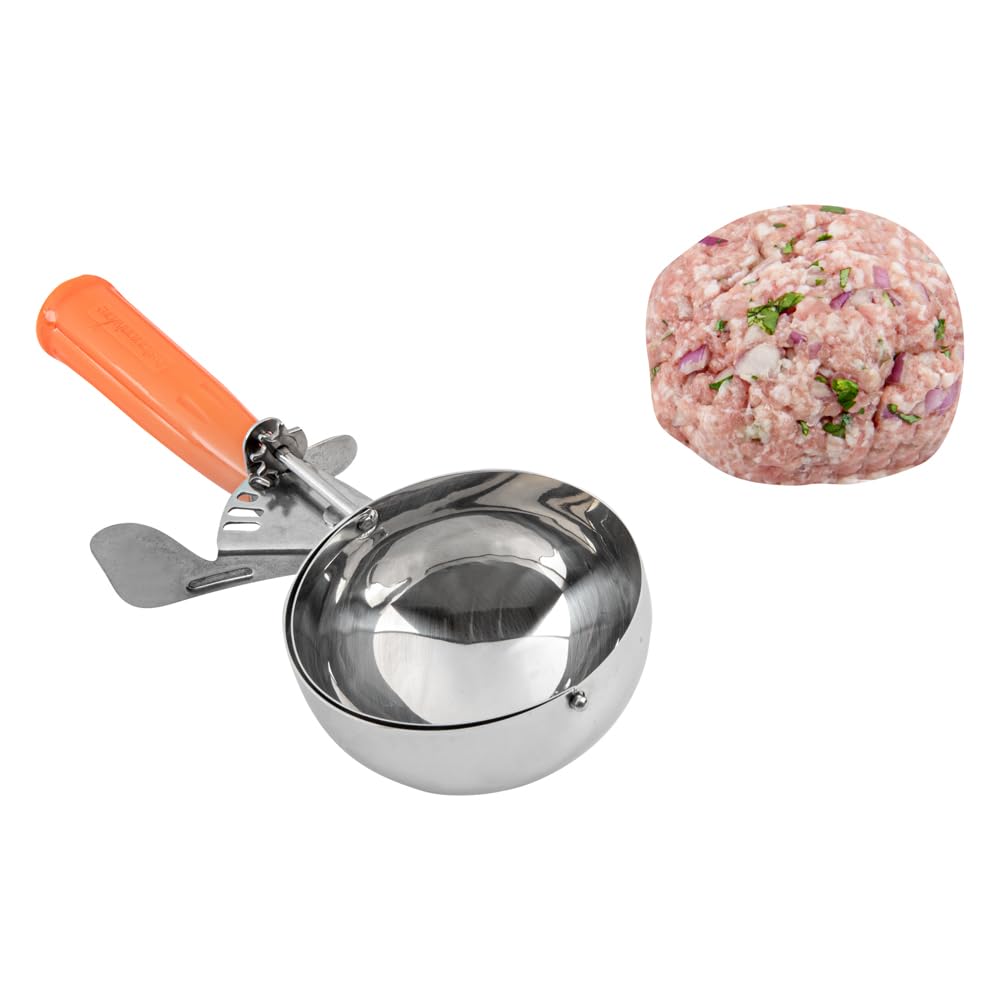 Restaurantware Met Lux 8 Ounce Portion Scoop 1 Durable Disher Scoop - Thumb Trigger Orange Stainless Steel Ice Cream Disher For
