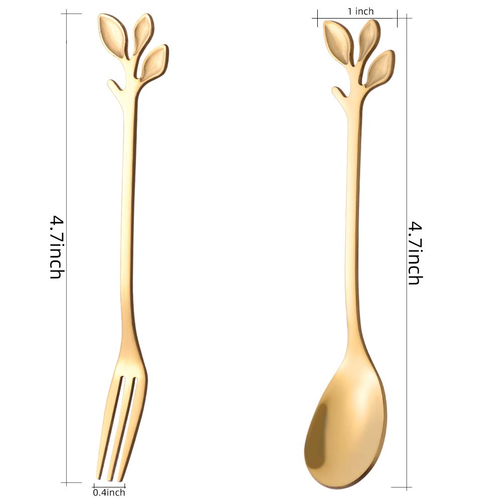 Ansaw 20-Pc Mini Gold Coffee Spoons & Dessert Forks Set, 4.7'' Stainless Steel Leaf Handle, Ideal For Tea, Appetizers, Tastings