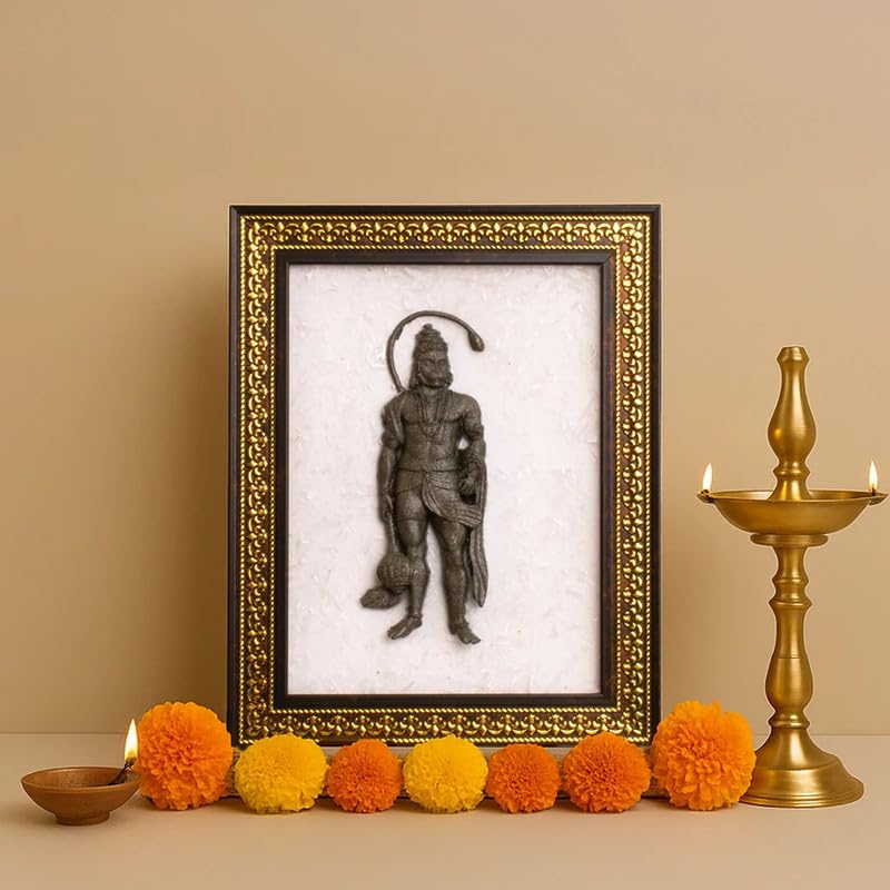 Astrotalk Pyrite Hanuman Ji on Selenite Plate | Pyrite Attracts Money & Hanuman ji Photo Frame Provides Protection | Decor Items for Home & Office | Gift for Man & Woman | 19x24x1 cm | 1 Piece