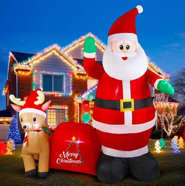 GIFTFIND 7Ft Christmas Inflatable Santa Clau Built-in LED Lights, Outdoor Decoration Santa with Reindeer and Christmas Ball Blow