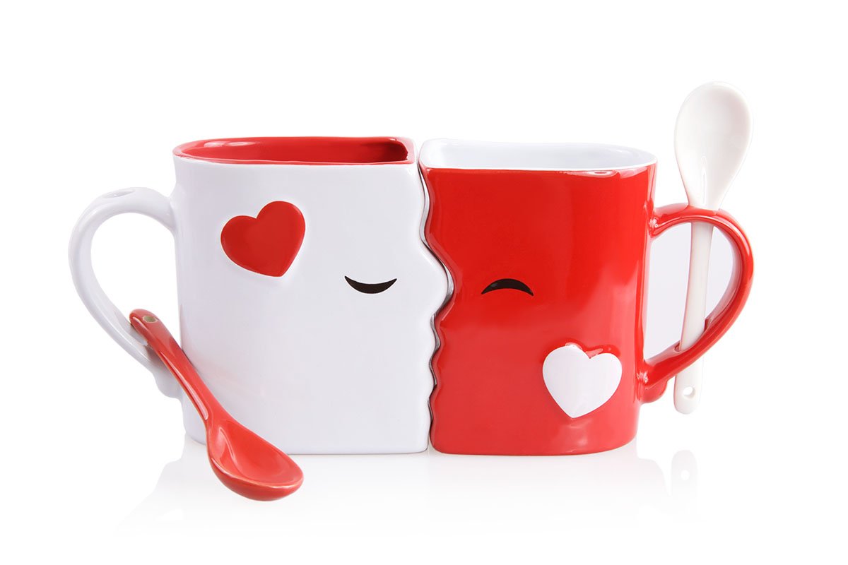 Blu Devil Kissing Mugs Set, Anniversary & Wedding Gifts, Exquisitely Crafted Two Large Cups & Spoons for Couples, For Him and He