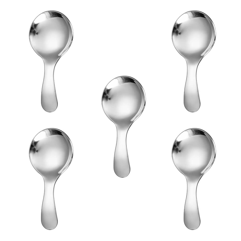 5Pcs Short Handle Spoon, Stainless Steel Mini Spoons Thickened Small Round Spoon For Salt Condiments Dessert Tea Coffee (Silver)
