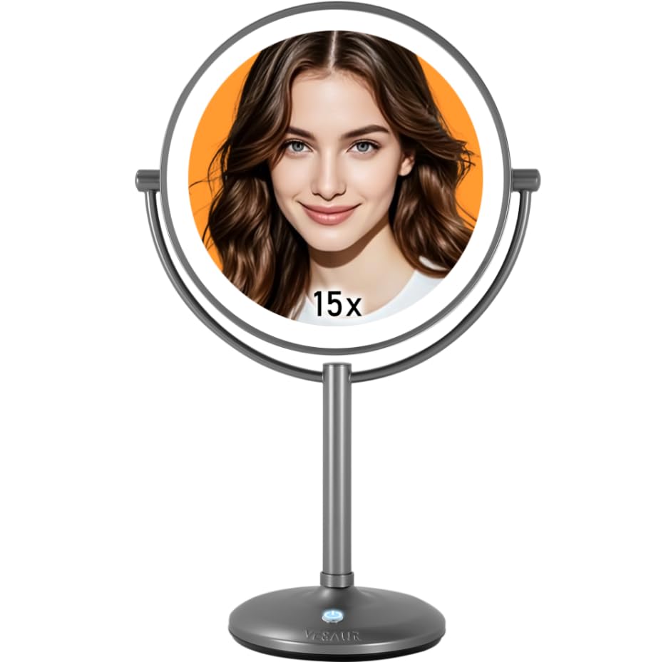 Vesaur 9 1X15X Lighted Makeup Mirror, 5000Mah Rechargeable 2-Sided Magnifying Mirror With 3 Dimmable Lights, 360 Rotation Vanity