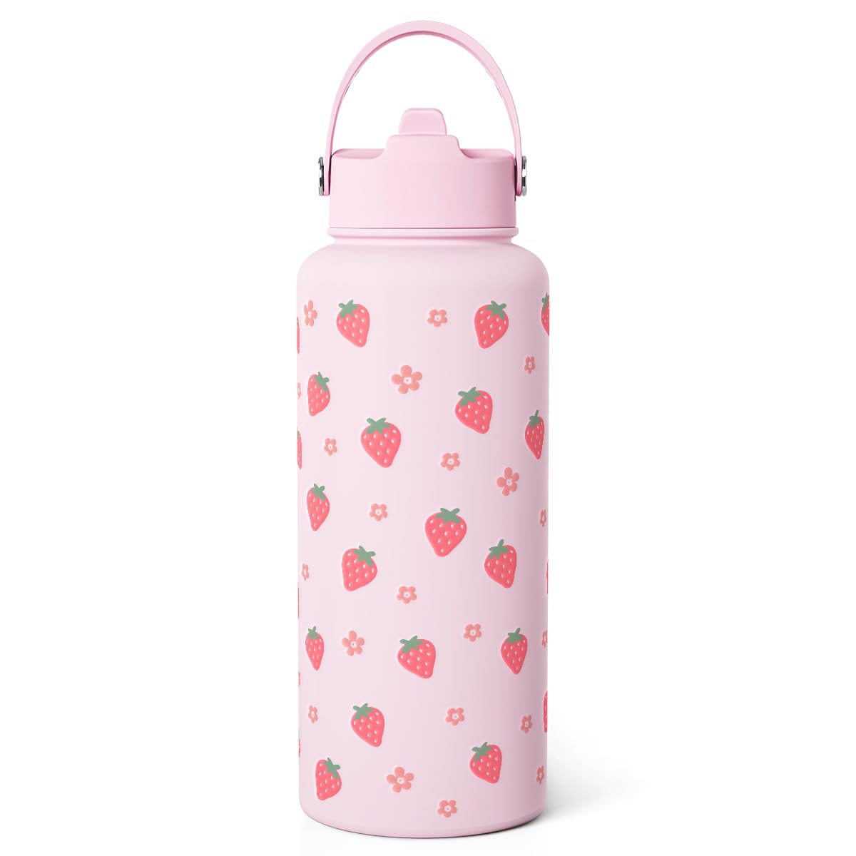 Strawberry Water Bottle 32oz Stainless Steel with Lid & Straw, Insulated Bottles for Women Girls, Gifts Ideas for Birthday Chris
