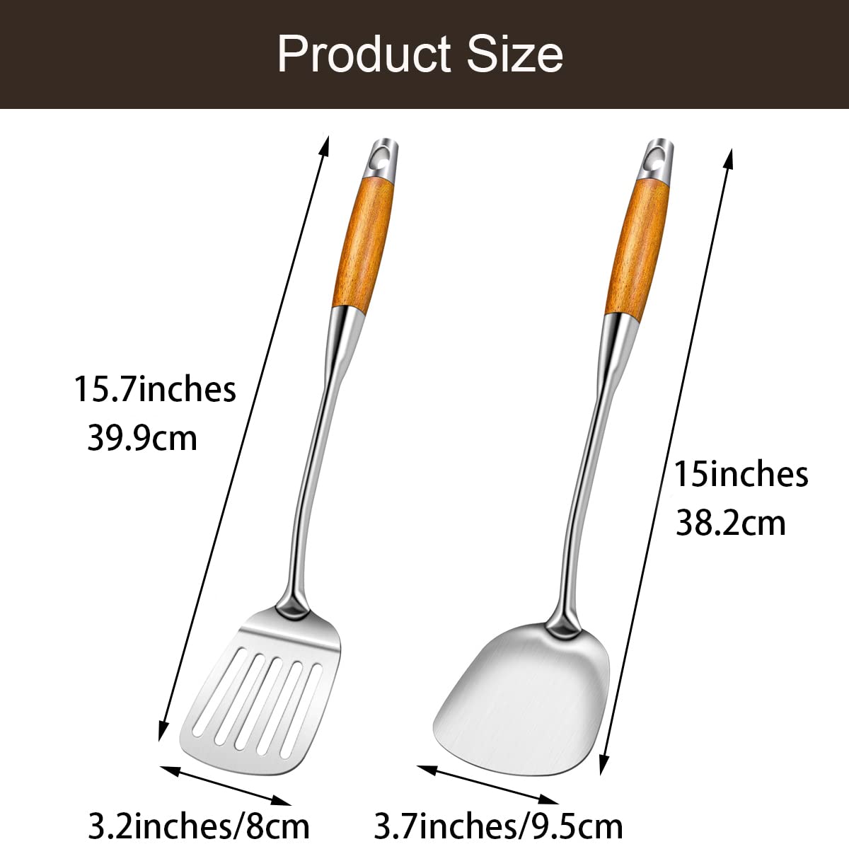 Klaqqed 2Pcs Wok Spatula Stainless Steel Set, Stainless Steel Metal Wok Spatulas Utensils Set For Cooking,Wide Long Wood Handle