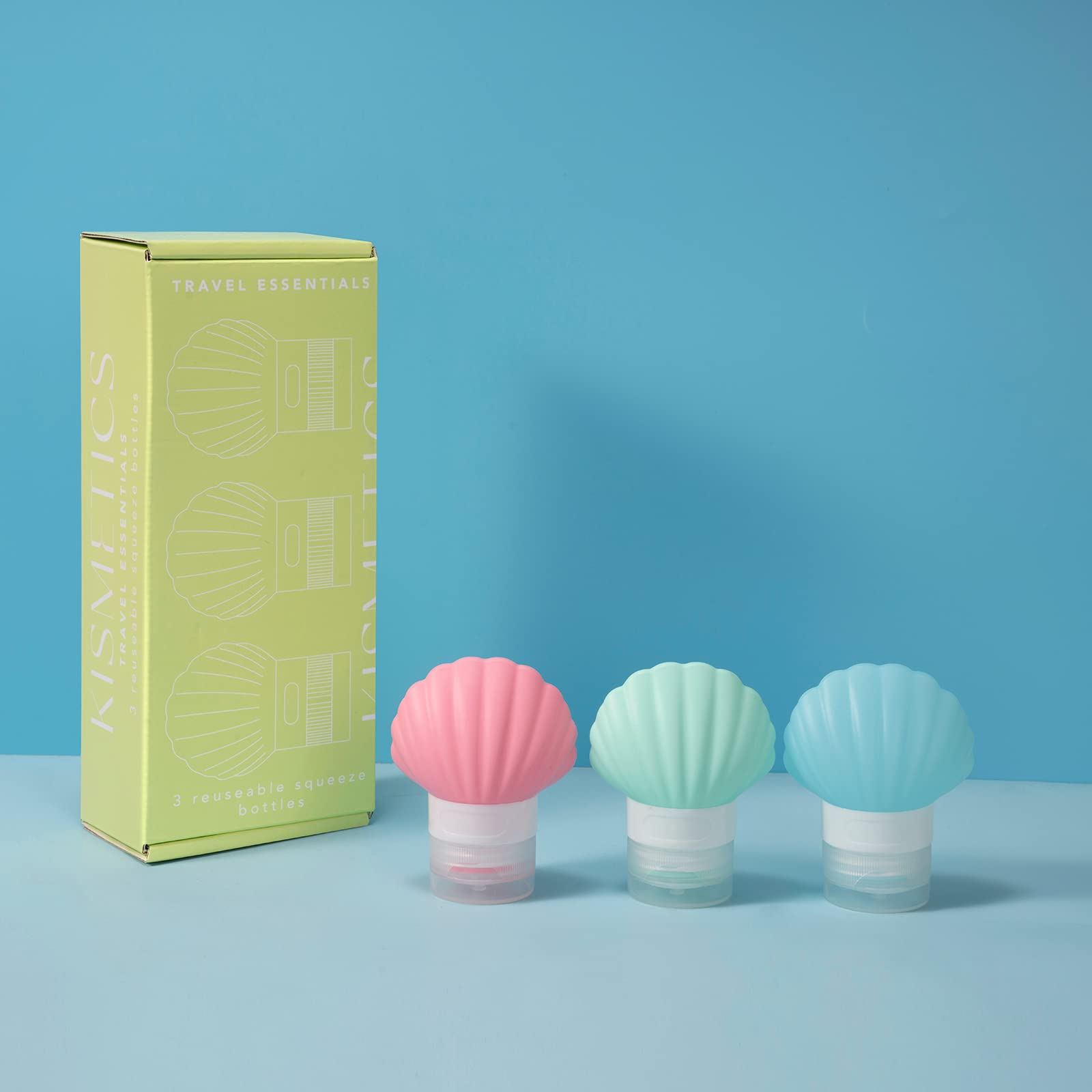 Kismetics Leak Proof Squeezable Silicone Travel Bottles, Reusable, Refillable Bottles, Shell Shape, Sustainable, Tsa Carry On Ap